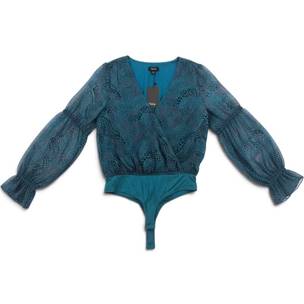 Fate Bodysuit Womens Small FT7057 Abstract Print Teal Blue Sheer Sleeve NEW